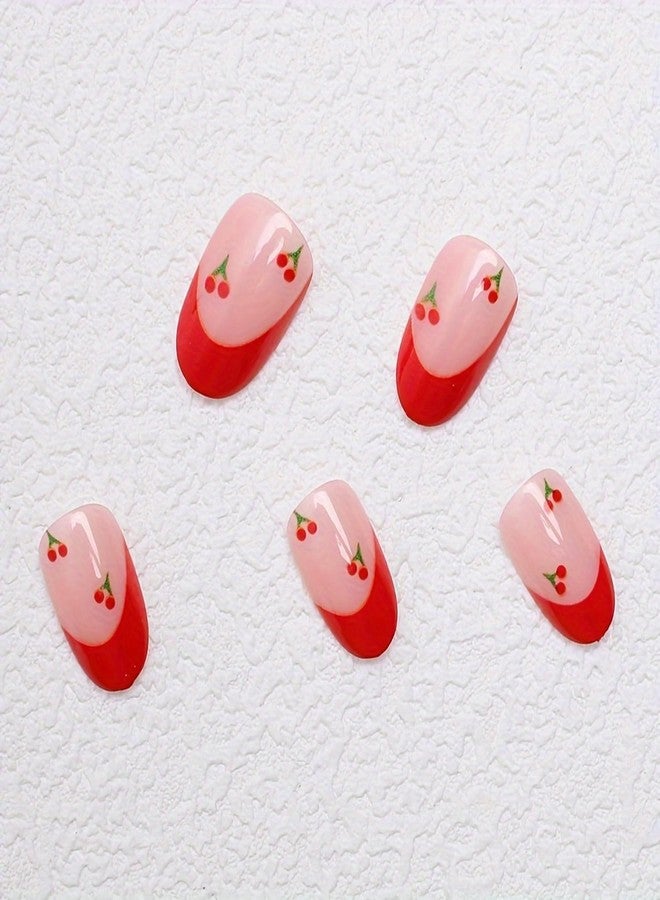 GRITOSE Red Press on Nail Short Fake Nails French Tip Press ones with designs Cherry False Nails Glossy Almond Acrylic Nail Artificial Gel Cute Glue on Nails for Women Manicure24pcs - Image 5